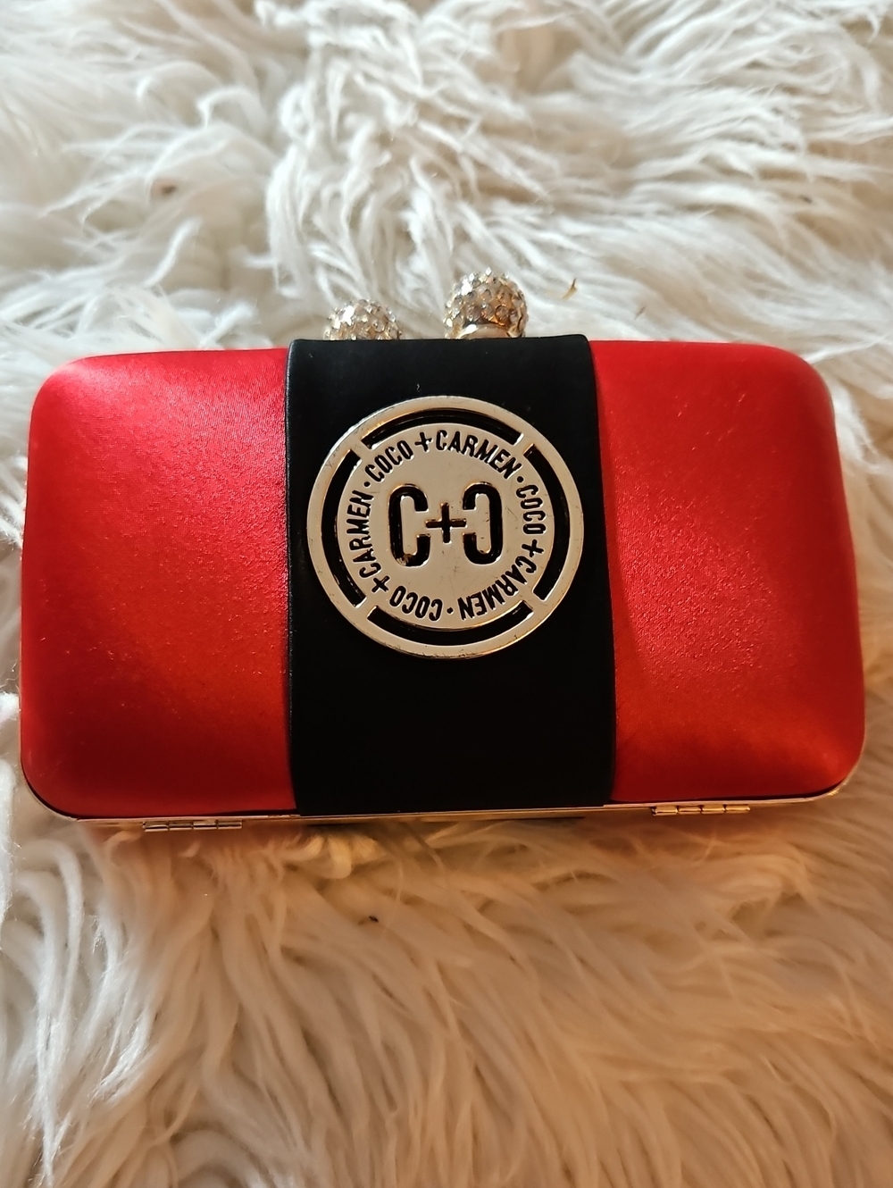 Coco+Carmen Red Satin Clutch (or use the Chain) Black Band and Logo Medallion